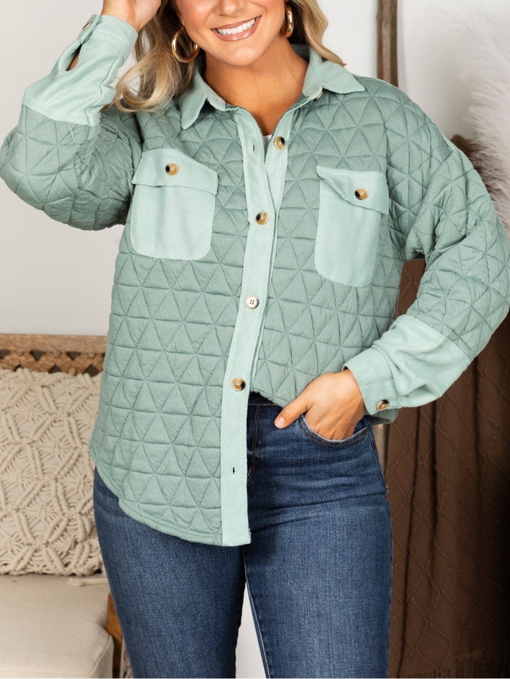 New In NWT Quilted Button-Up Shacket in Sage Green